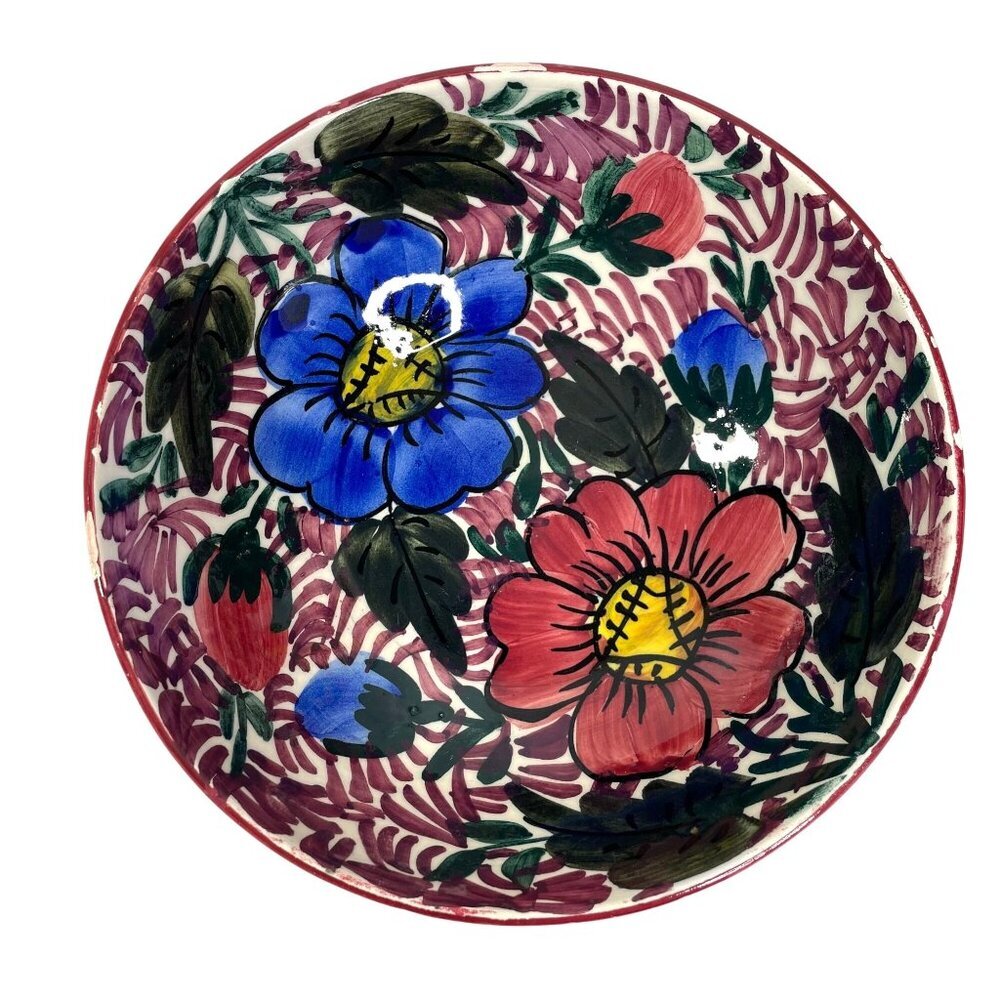 Spanish Pottery Ceramic Art FLORAL Dessert Plate ~7 3/4" Colorful Flowers